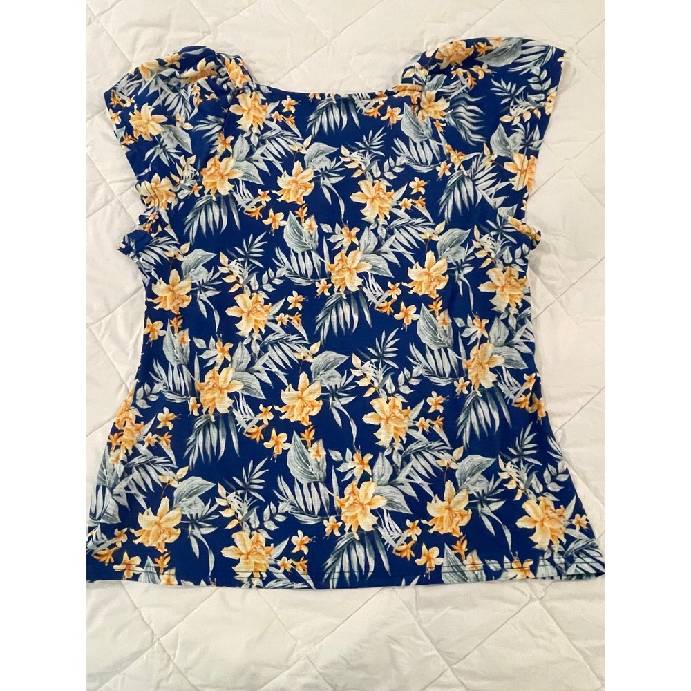 00119 - All in Love Women M Blue Floral Button Blouse Ruffle Sleeves Cottagecore - Picture 6 of 9